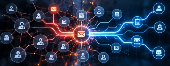 A network of people and messages where one red, overloaded node is the bottleneck and the flow after it runs clear in blue