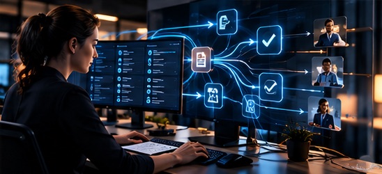 A person at a workstation supervising AI-handled tasks, with approved items checked off and specific cases routed to colleagues