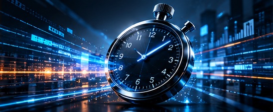 A mechanical stopwatch with streaks of operational data rushing past it, representing work compressed into less elapsed time