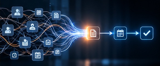 A tangle of documents, calendars and contact icons converging into one clean path that ends in a completed check mark